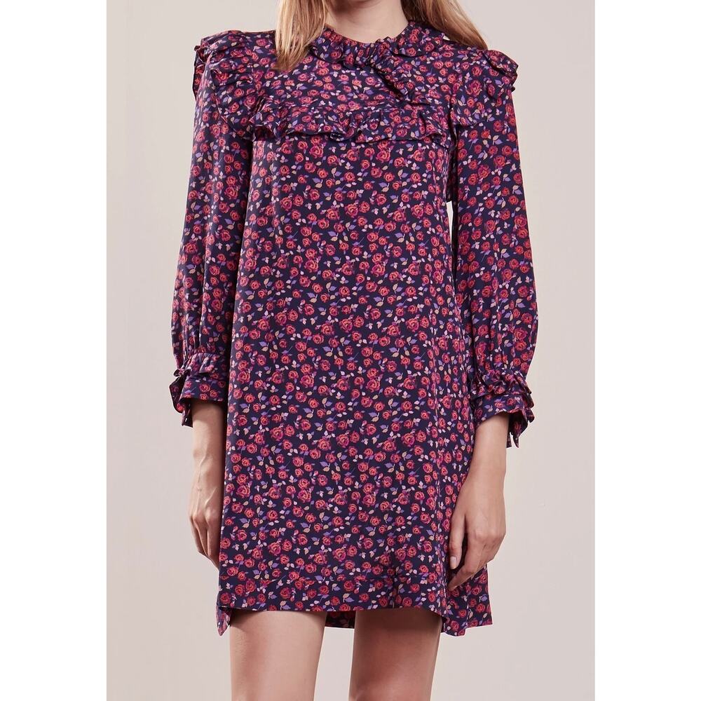 EUC Sandro Paris Floral Ruffle Silk Mini Dress S 4‎ Long Sleeve Multicolor Print